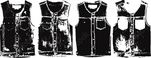 Set of four black and white vector vests with various pocket and zipper designs