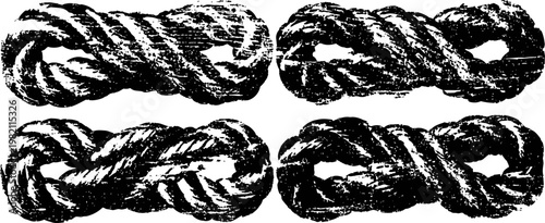 Four twisted rope knots isolated on white background nautical rope tied in secure loop knots