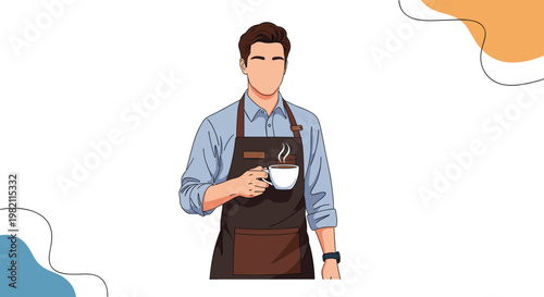Professional male barista in a brown apron holds a steaming cup of hot coffee against a white background with shapes.