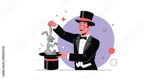 Magician wearing a classic tuxedo and top hat performs a trick by pulling a grey rabbit out of the hat in a spotlight.