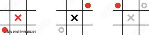 Three Tic Tac Toe Games with Different Winning States on White Background