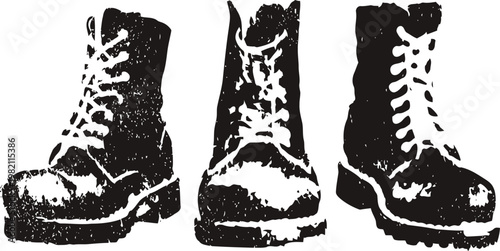Black combat boots set with laces, rugged military footwear collection, tough leather shoes for outdoor and work use