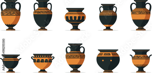 Ancient Greek pottery collection with geometric patterns on white background