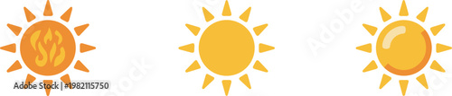 Three simplified sun icons with varying styles and intensity against a white background