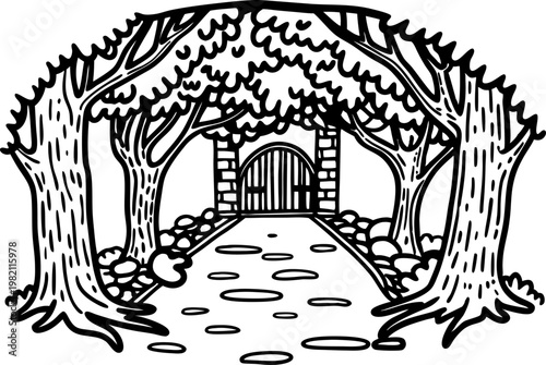winding stone pathway through a forest with large tree trunks leading to a wooden gate entrance