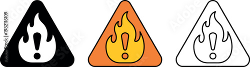 Warning signs with flames and exclamation marks in triangle shapes