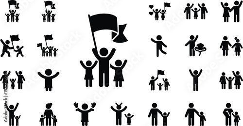 Diverse group of people celebrating and protesting with flags and arms raised