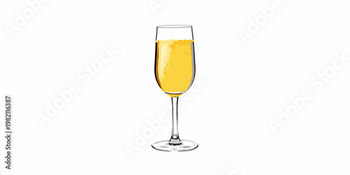 A tall flute glass filled with a sparkling golden beverage