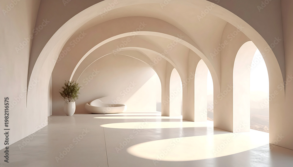 Fototapeta premium Minimal room with smooth arch shapes and soft natural lighting. Trendy architectural interior concept.