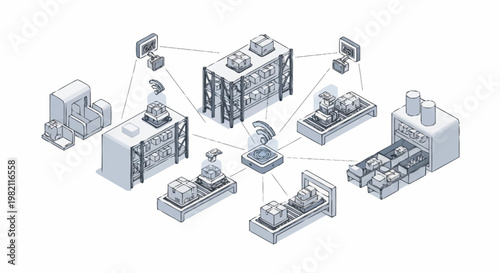 An isometric illustration of interconnected server systems and data centers.