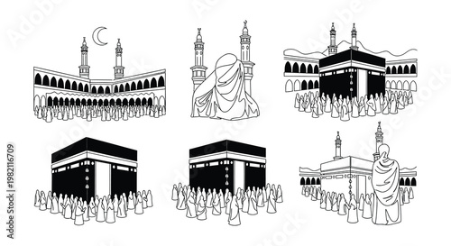 Black and white illustrations depicting the kaaba and surrounding mosque structures