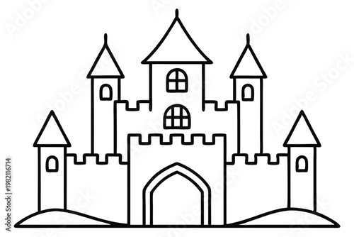 castle silhouette line art vector illustration with a white background