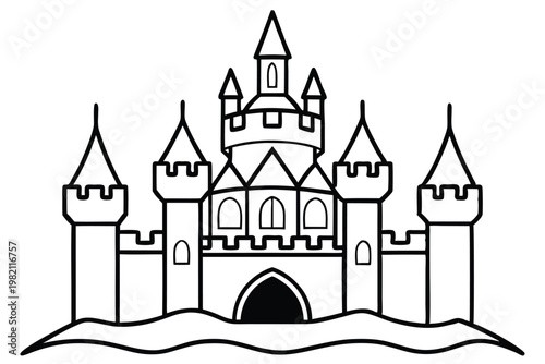 castle silhouette line art vector illustration with a white background