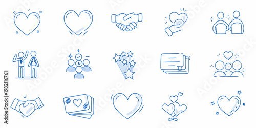 Collection of blue line icons depicting love connection and teamwork