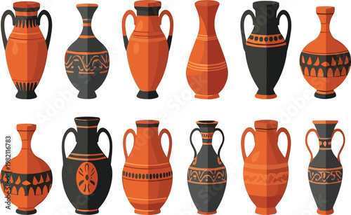 Ancient Greek Amphorae Collection with Geometric Patterns in Flat Design