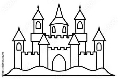 castle silhouette line art vector illustration with a white background