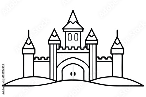 castle silhouette line art vector illustration with a white background