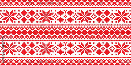 A repeating red and white nordic pattern resembling knitted fabric