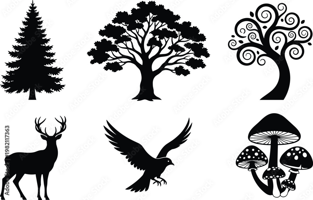 Fototapeta premium Tree silhouettes, deer with antlers, flying bird, mushrooms cluster, forest diversity, black vector artwork, natural outline, cad drawing flat vector illustration
