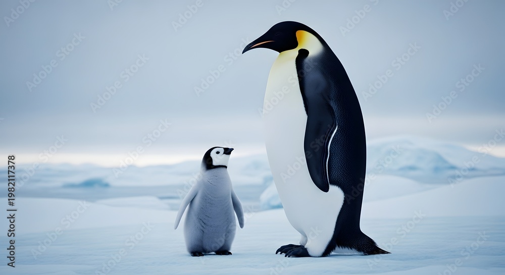 Fototapeta premium Adorable adult and baby penguins standing on icy landscape with a cold blue background perfect for wildlife conservation and nature themes in stock images