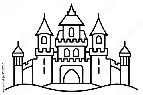 castle silhouette line art vector illustration with a white background