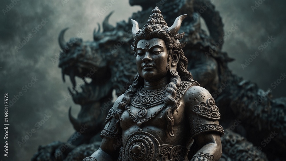 Fototapeta premium Statue of man with horns on his head, fantasy style digital art - Generative AI