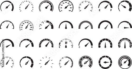 Speedometer icons, gauge symbols, meter graphics, dashboard elements, 25 speedometer illustrations