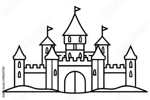 castle silhouette line art vector illustration with a white background