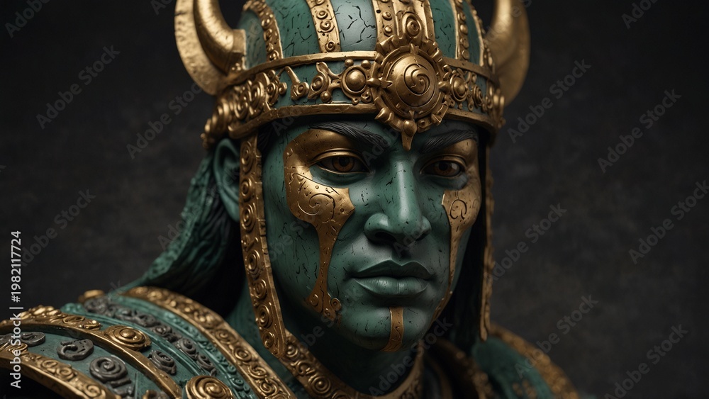 Naklejka premium Close up of statue of man wearing helmet, digital art illustration - Generative AI