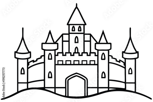 castle silhouette line art vector illustration with a white background