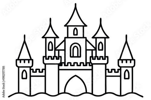 castle silhouette line art vector illustration with a white background