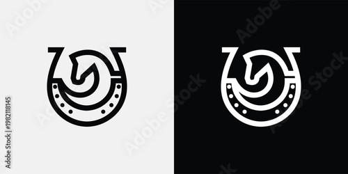 Horse head inside horseshoe logo design on white and black background.