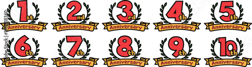 1周年から10周年までのポップなアニバーサリーバッジセット リースデザイン　Anniversary Badge Set 1st to 10th Pop Laurel Design
