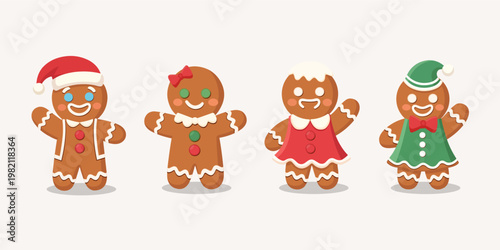 Set of cute gingerbread man characters in Christmas costumes and winter outfits, vector illustration.