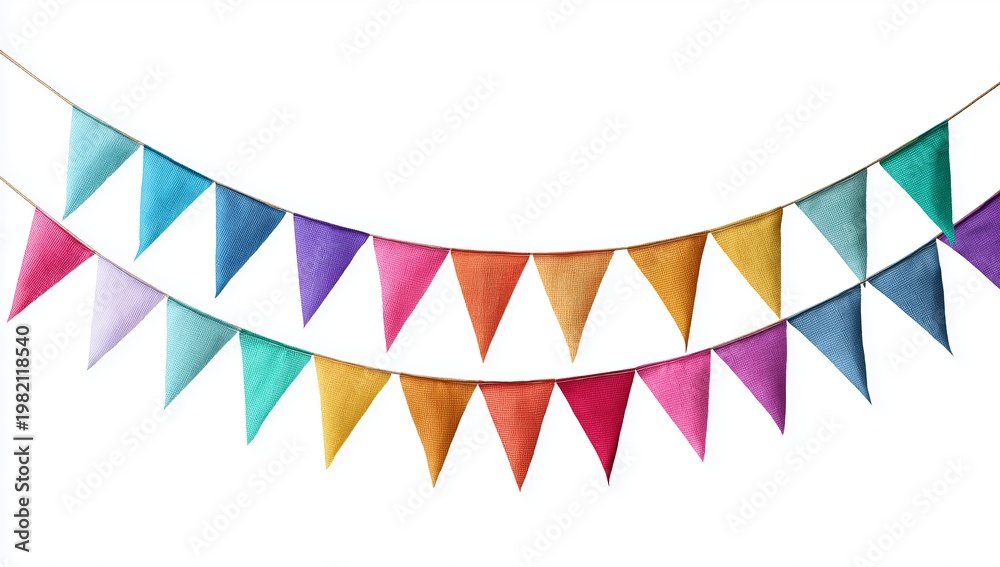 Obraz premium Two rows of colorful triangular fabric bunting flags strung on a white background banner party 1 celebration