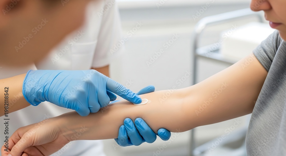 Obraz premium Medical professional in blue gloves preparing a patient's arm for a procedure, possibly a blood test or injection.