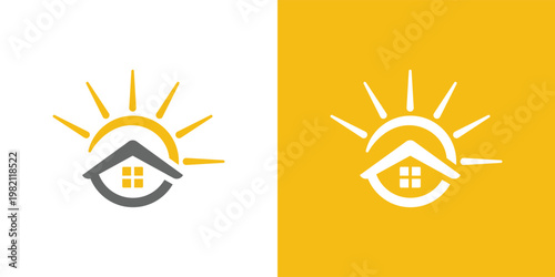 Solar Home Logo Design with Sun and House for Real Estate.
