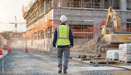 自然光が差し込む建設現場を歩く作業員の後ろ姿