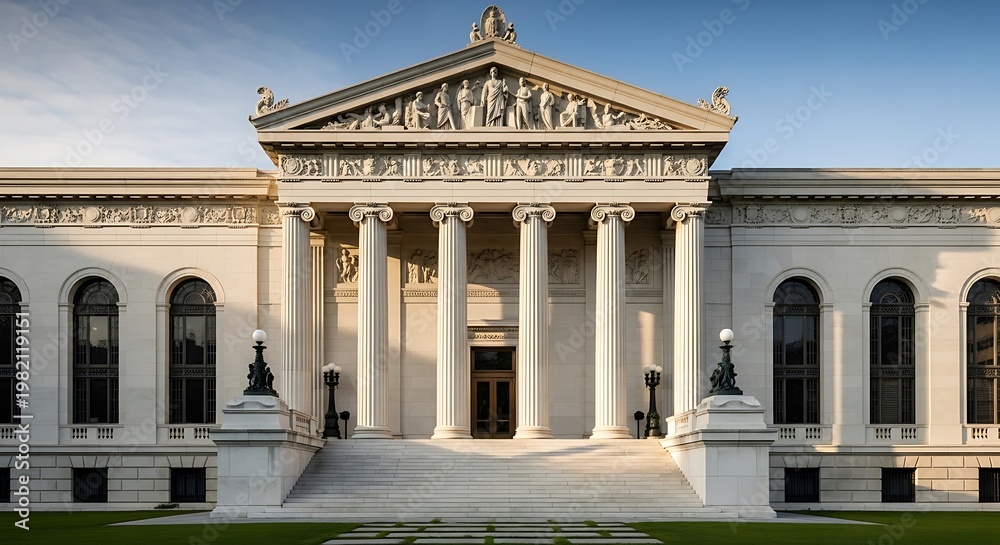 Obraz premium Grand Classical Building with Majestic Columns and Sculptural Details Under a Clear Sky