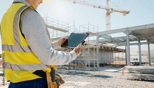 建設現場でタブレットを活用する作業員の後ろ姿（建設DX）