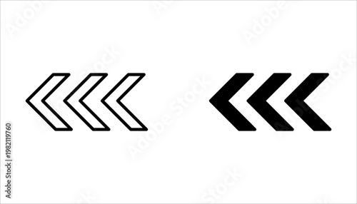 Double Left Arrow and Chevron Line Art Icon Set. Fast Backward and Rewind Button Vector Symbols.