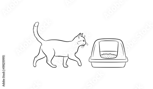 Cat litter box routine line art pet care vector illustration isolated on white background