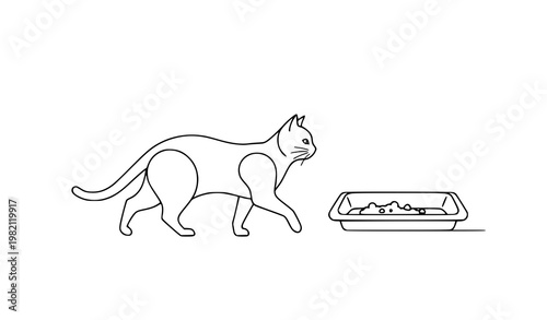 Minimal cat walking to litter tray pet hygiene line art vector illustration isolated