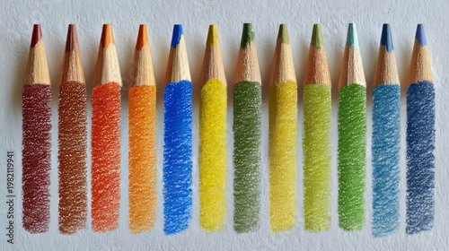A rainbow array of colored pencils, each shading a strip of color on white paper, showcasing a spectrum