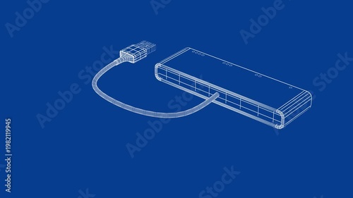 3D wire-frame model of USB hub with four ports