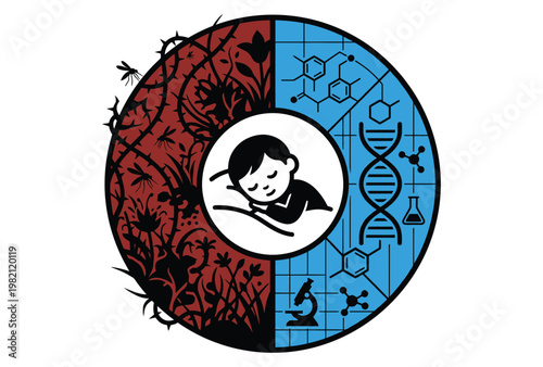 The intersection of nature, science, and dreaming in a circular visual metaphor