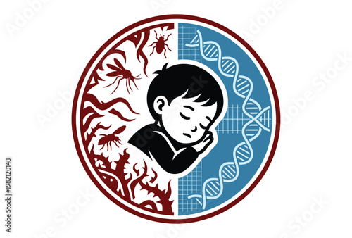 Child pondering amidst elements of genetics and disease in stylized illustration