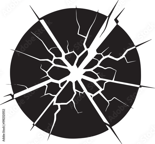 Cracked glass, shattered black circle, broken window, cracked effect, vector icon