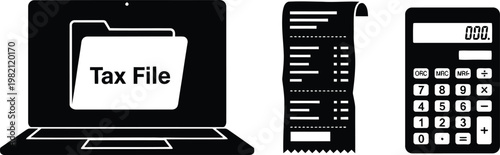 Computer with tax file folder and calculator on transparent background