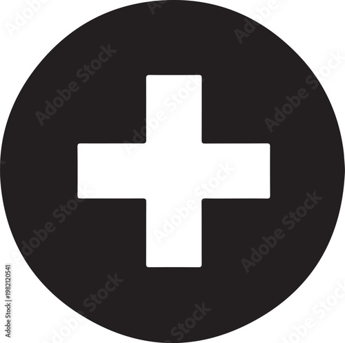 Medical cross symbol, white on black circle, plus sign icon, healthcare logo